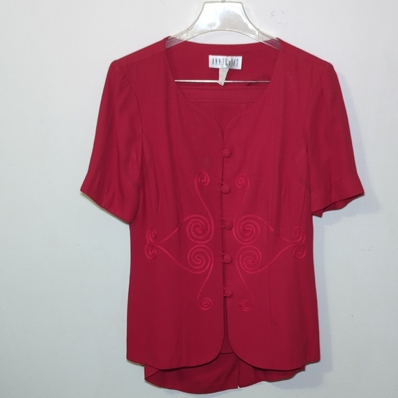 Ann Tobias Dresses & Skirts - Vintage Ann Tobias Red Skirt Suit Embroidered Jacket Short Sleeve Women's 10